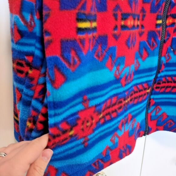VTG Lake Matley Men's XL Aztec Print Full Zip Fleece Jacket Blue / Red Adult - Picture 4 of 6